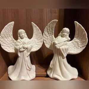 2 White Ceramic Bisque Angel Candles Holders